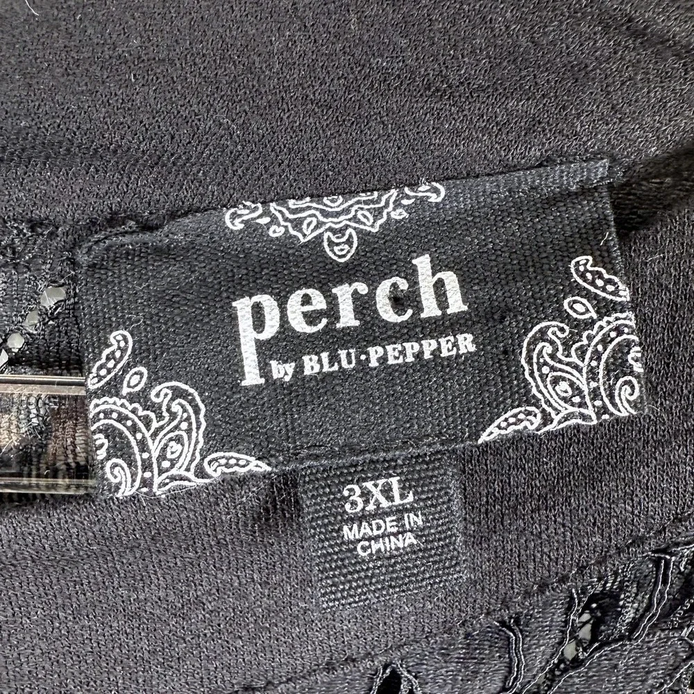 Perch by Blu‎ Pepper Womens Plus 2X Boho Top Black Lace Trim Crochet Yoke Blouse